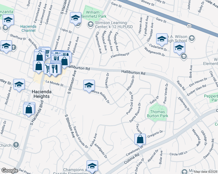 map of restaurants, bars, coffee shops, grocery stores, and more near 16134 La Monde Street in Hacienda Heights