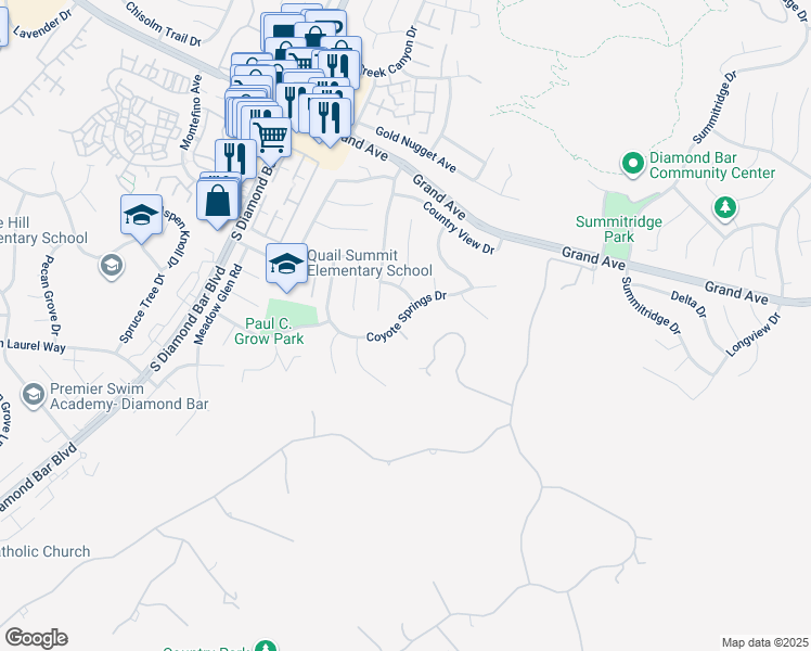 map of restaurants, bars, coffee shops, grocery stores, and more near 23484 Coyote Springs Drive in Diamond Bar