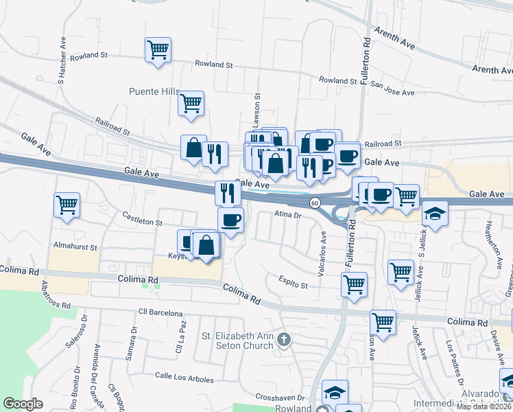 map of restaurants, bars, coffee shops, grocery stores, and more near 18001 Atina Drive in Rowland Heights