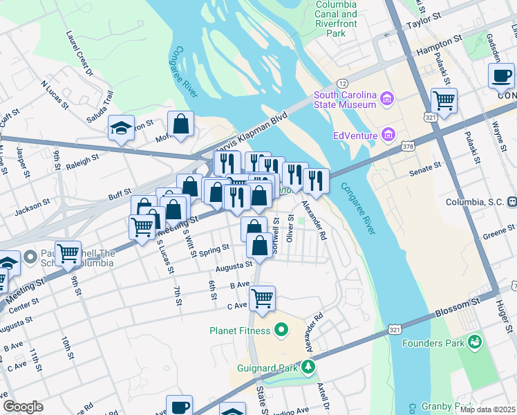 map of restaurants, bars, coffee shops, grocery stores, and more near 116 State Street in West Columbia