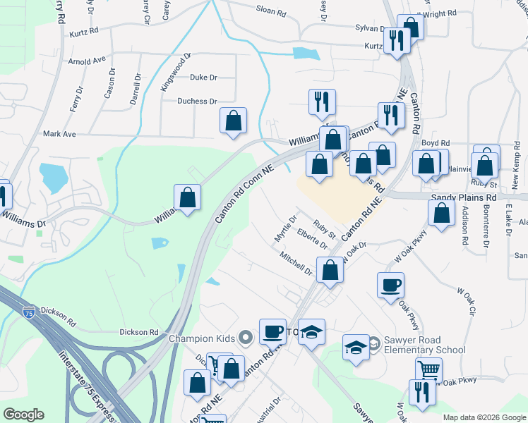 map of restaurants, bars, coffee shops, grocery stores, and more near 641 Elberta Drive in Marietta
