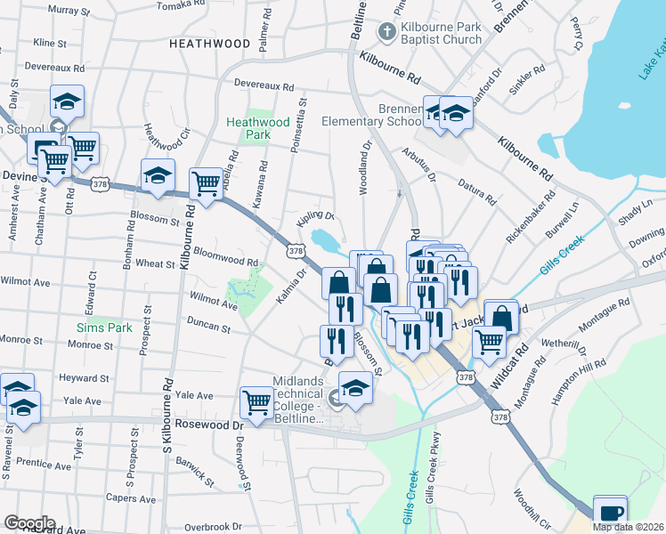 map of restaurants, bars, coffee shops, grocery stores, and more near 4207 Devine Street in Columbia