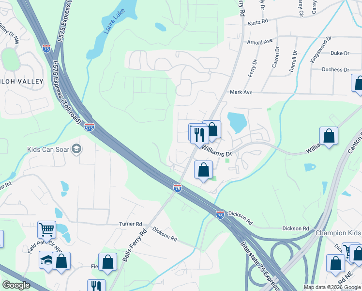 map of restaurants, bars, coffee shops, grocery stores, and more near 1714 Barrington Overlook in Marietta