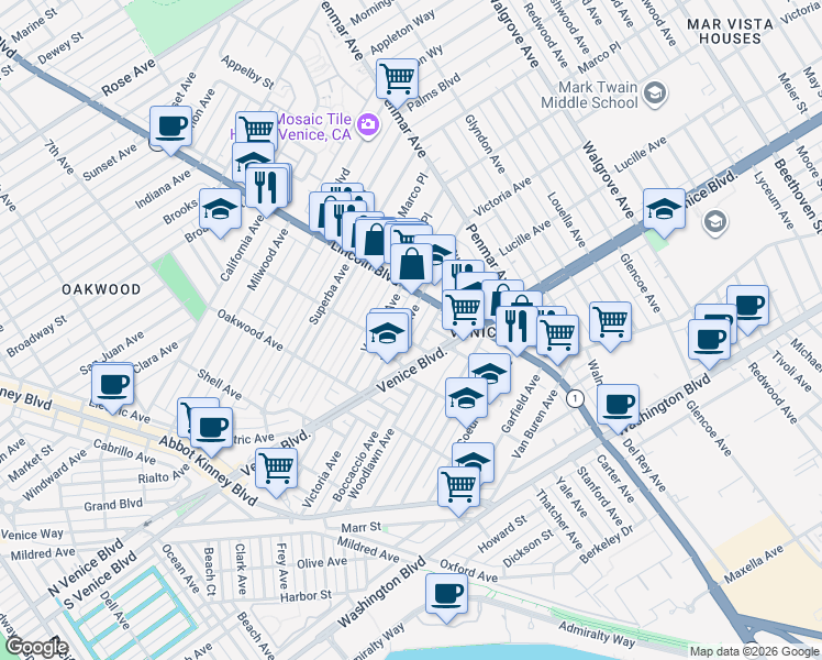 map of restaurants, bars, coffee shops, grocery stores, and more near 910 Victoria Avenue in Los Angeles