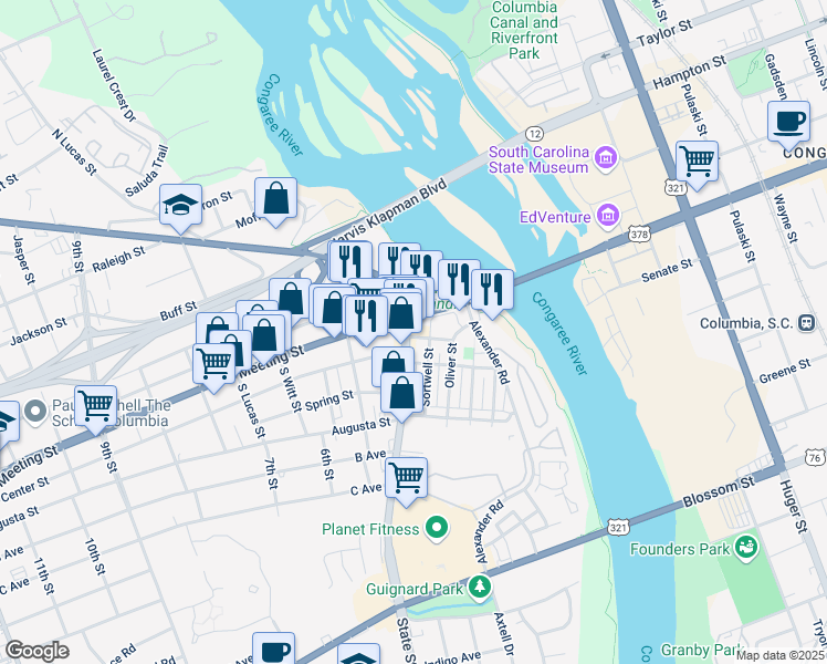 map of restaurants, bars, coffee shops, grocery stores, and more near 1 State Street in West Columbia