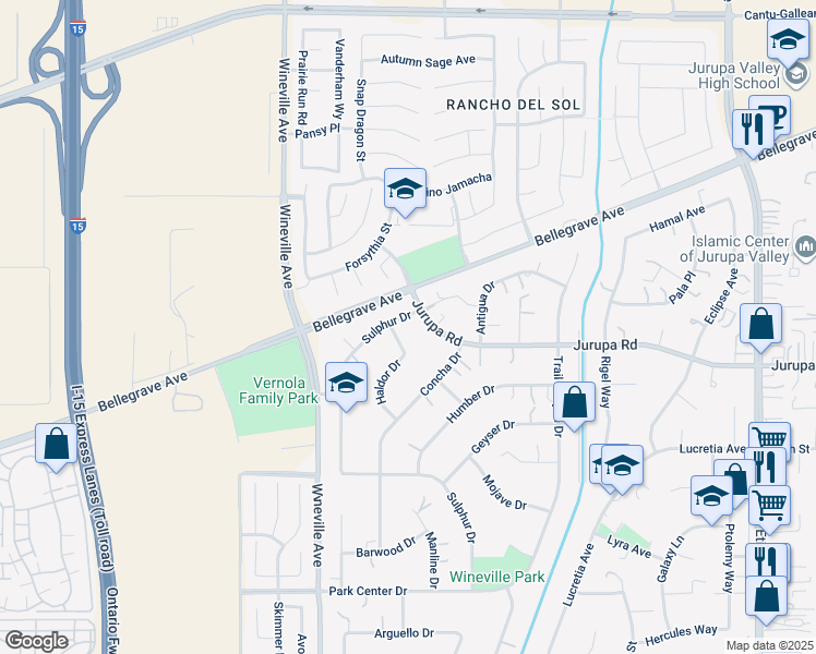map of restaurants, bars, coffee shops, grocery stores, and more near 4963 Sulphur Drive in Jurupa Valley