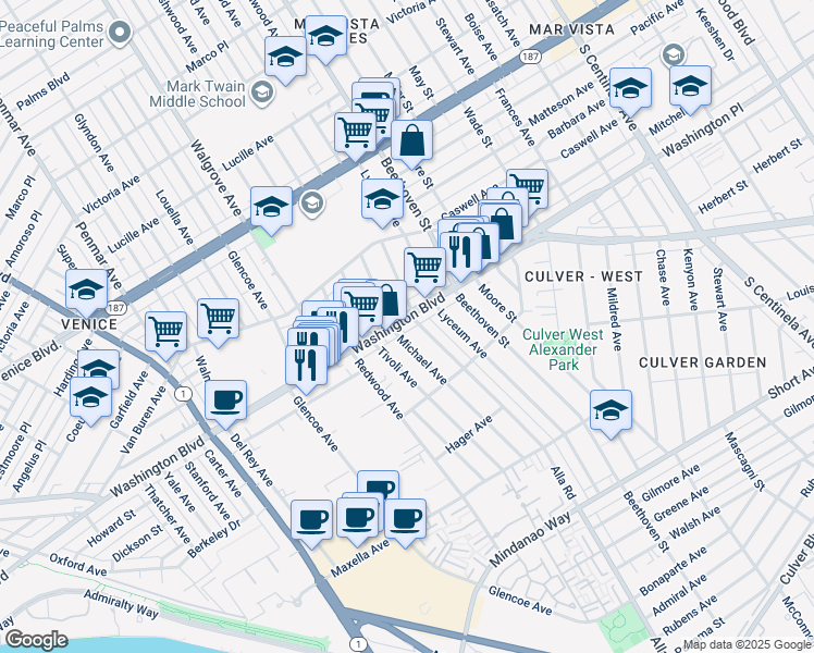 map of restaurants, bars, coffee shops, grocery stores, and more near 13001 West Washington Boulevard in Los Angeles