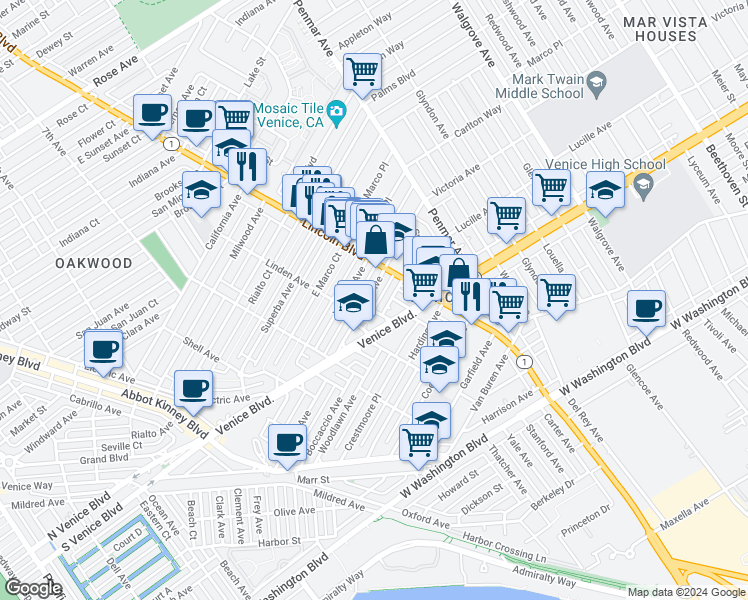 map of restaurants, bars, coffee shops, grocery stores, and more near 910 Victoria Avenue in Los Angeles