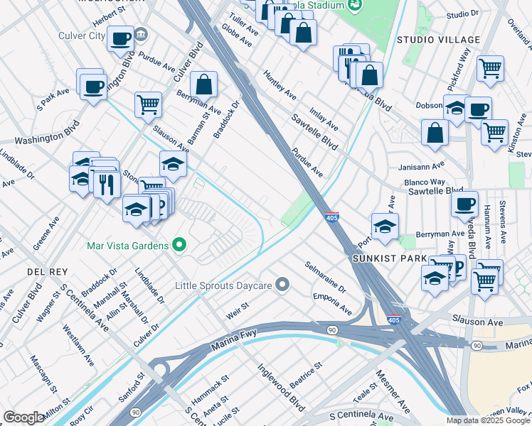 map of restaurants, bars, coffee shops, grocery stores, and more near 5015 Coolidge Avenue in Culver City
