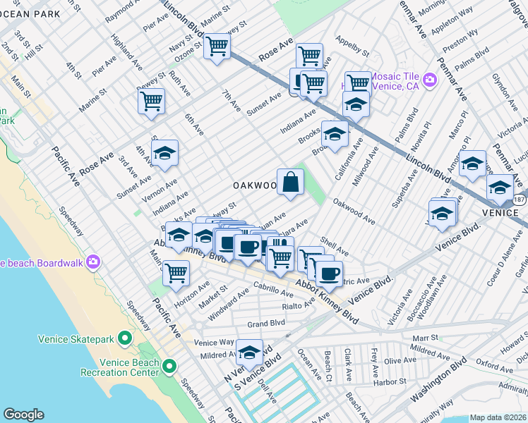 map of restaurants, bars, coffee shops, grocery stores, and more near 610 Westminster Avenue in Los Angeles