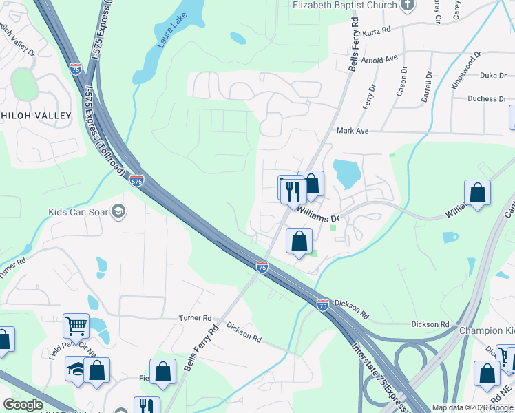 map of restaurants, bars, coffee shops, grocery stores, and more near 1743 Barrington Overlook in Marietta