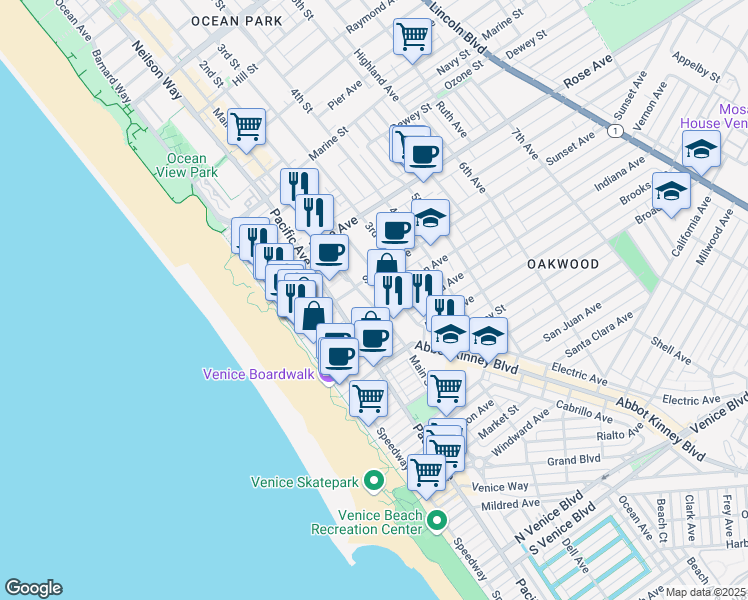 map of restaurants, bars, coffee shops, grocery stores, and more near 610 Main Street in Los Angeles