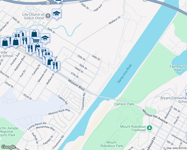 map of restaurants, bars, coffee shops, grocery stores, and more near 5235 36th Street in Riverside