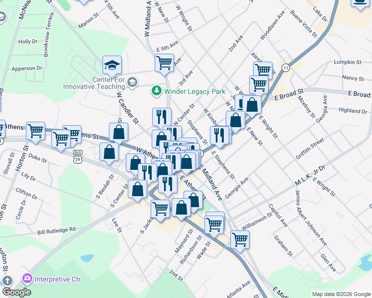 map of restaurants, bars, coffee shops, grocery stores, and more near 15 West Midland Avenue in Winder