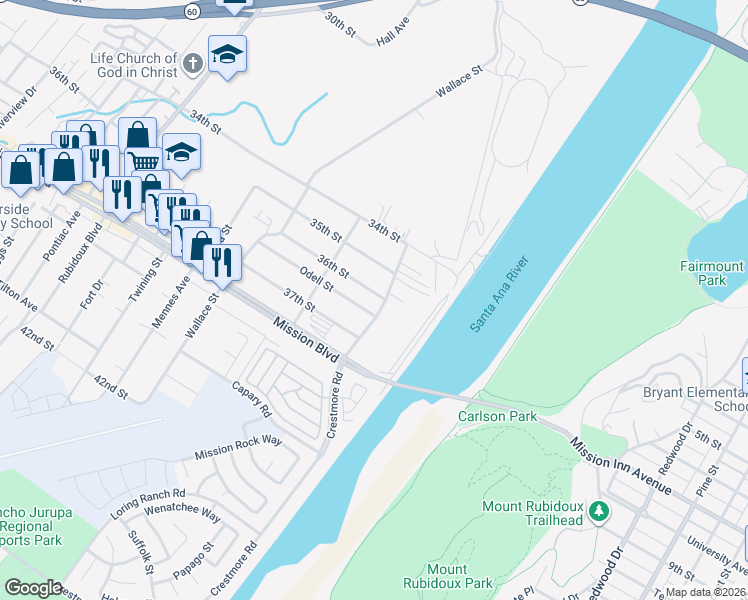 map of restaurants, bars, coffee shops, grocery stores, and more near 5235 36th Street in Riverside