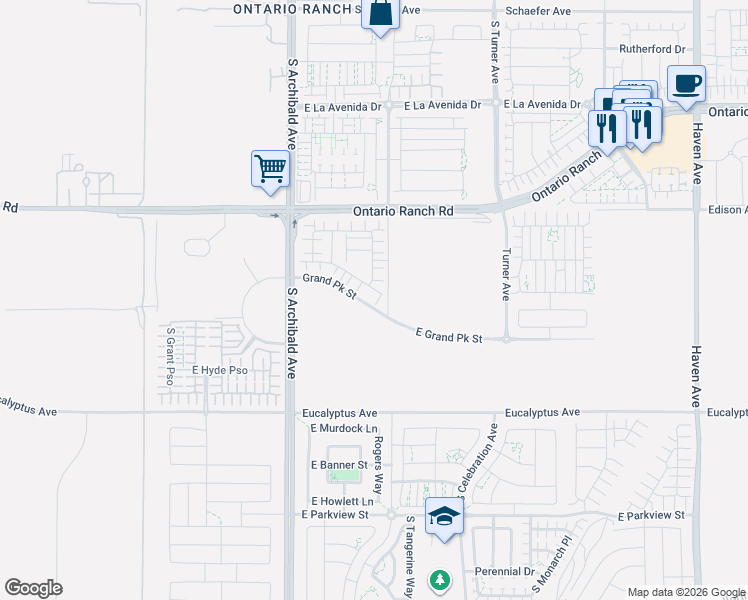 map of restaurants, bars, coffee shops, grocery stores, and more near 9811 Edison Avenue in Ontario