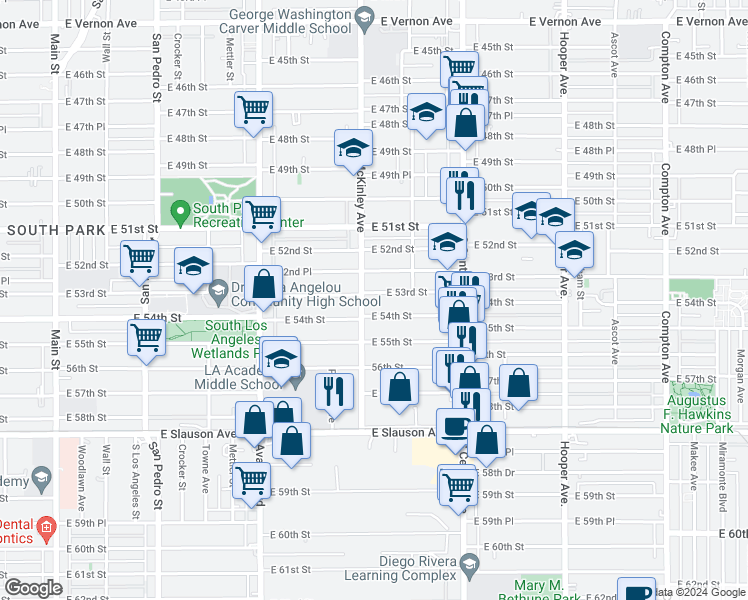 map of restaurants, bars, coffee shops, grocery stores, and more near 891 East 53rd Street in Los Angeles