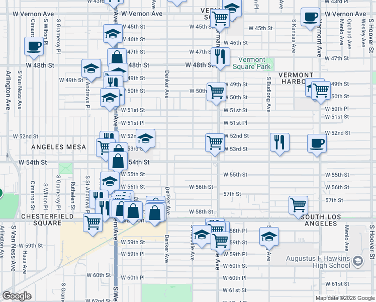 map of restaurants, bars, coffee shops, grocery stores, and more near 1533 West 53rd Street in Los Angeles