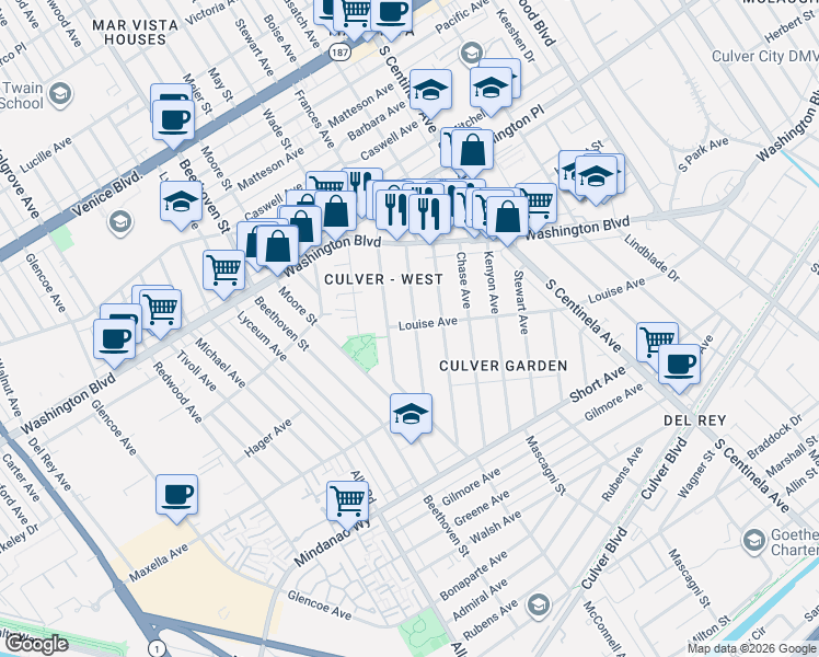 map of restaurants, bars, coffee shops, grocery stores, and more near 4182 McConnell Boulevard in Los Angeles