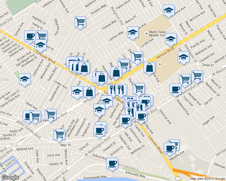 map of restaurants, bars, coffee shops, grocery stores, and more near 2418 Penmar Avenue in Los Angeles