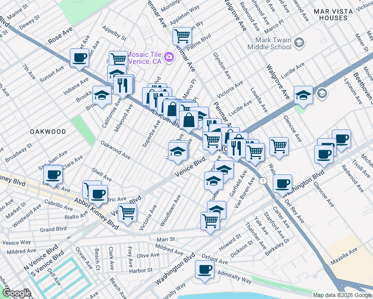 map of restaurants, bars, coffee shops, grocery stores, and more near 928 Victoria Avenue in Los Angeles