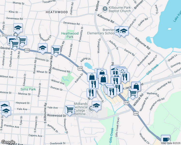 map of restaurants, bars, coffee shops, grocery stores, and more near 4207 Devine Street in Columbia