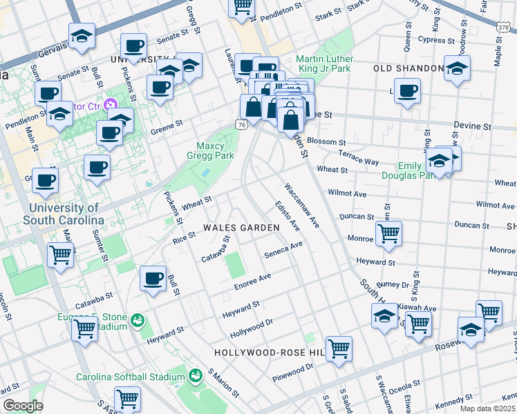 map of restaurants, bars, coffee shops, grocery stores, and more near 424 Saluda Avenue in Columbia