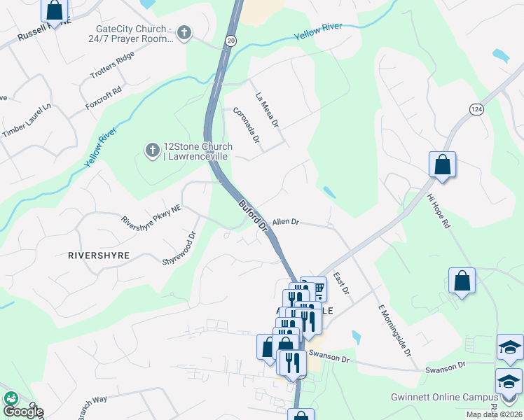 map of restaurants, bars, coffee shops, grocery stores, and more near 501 Woodland Lane in Lawrenceville