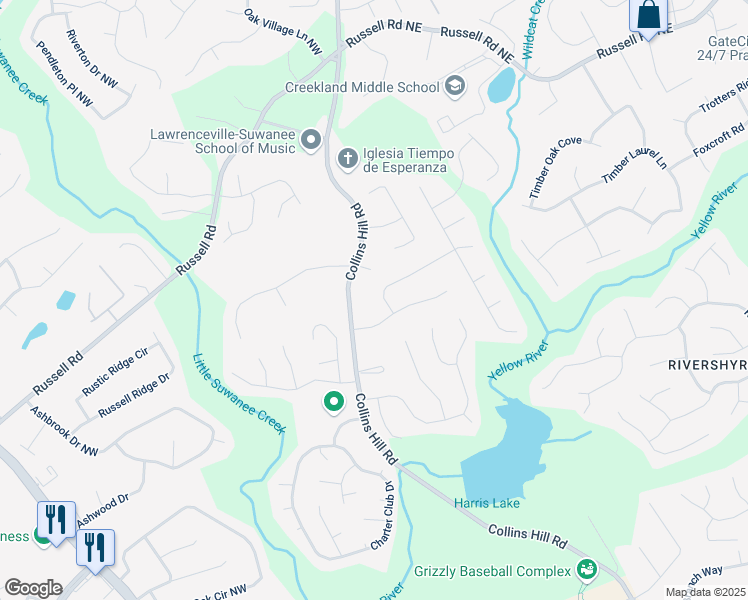 map of restaurants, bars, coffee shops, grocery stores, and more near 1480 Bentridge Drive in Lawrenceville