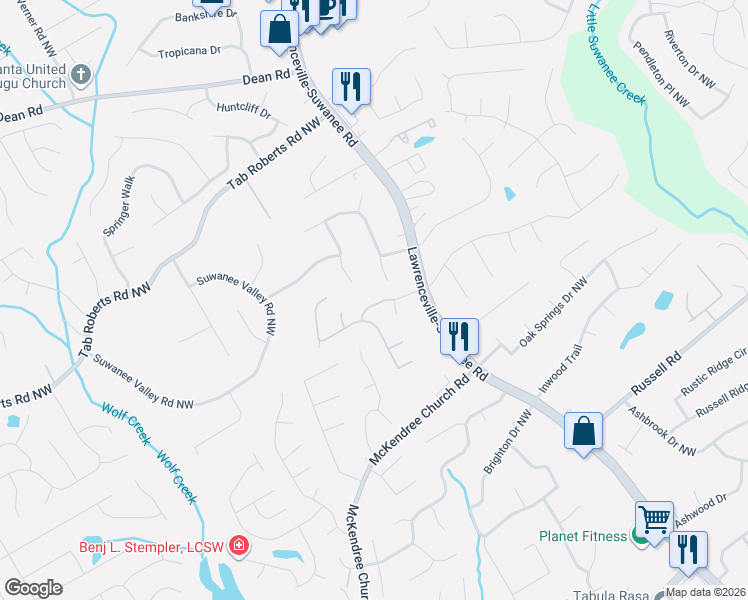 map of restaurants, bars, coffee shops, grocery stores, and more near 1855 Suwanee Lane Northwest in Lawrenceville