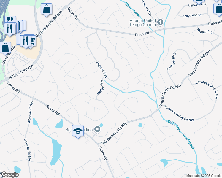 map of restaurants, bars, coffee shops, grocery stores, and more near 1174 Hurst Park Court in Lawrenceville