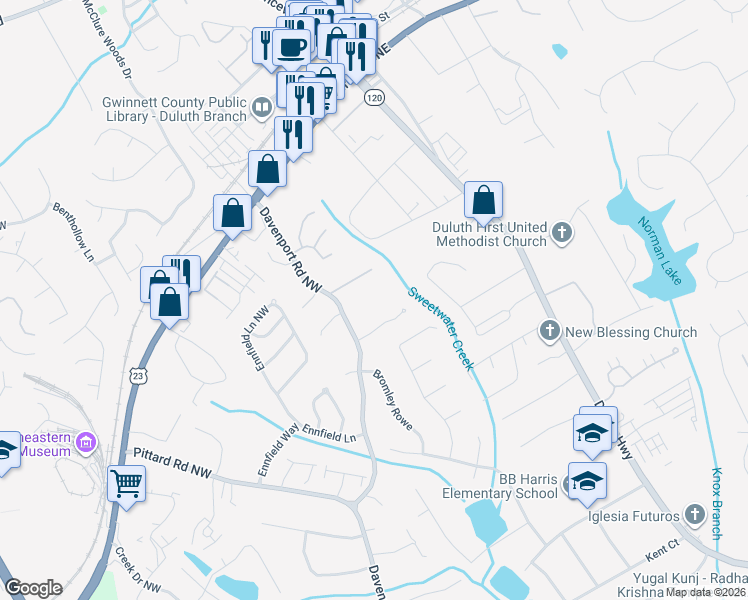 map of restaurants, bars, coffee shops, grocery stores, and more near 3252 Davenport Road Northwest in Duluth