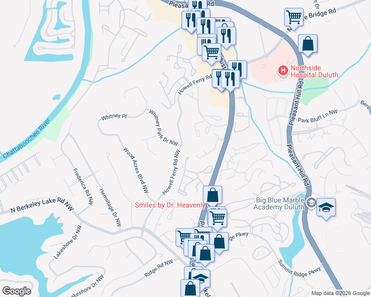 map of restaurants, bars, coffee shops, grocery stores, and more near 3898 Howell Ferry Road Northwest in Duluth