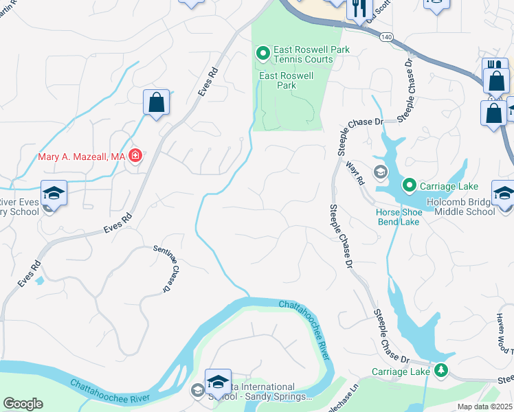 map of restaurants, bars, coffee shops, grocery stores, and more near 300 Brayward Chase in Roswell