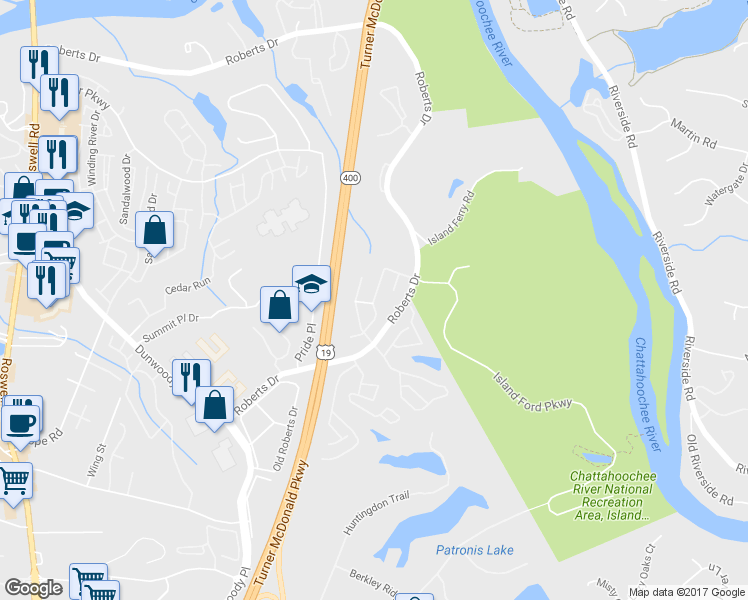 map of restaurants, bars, coffee shops, grocery stores, and more near 8601 Roberts Drive in Atlanta