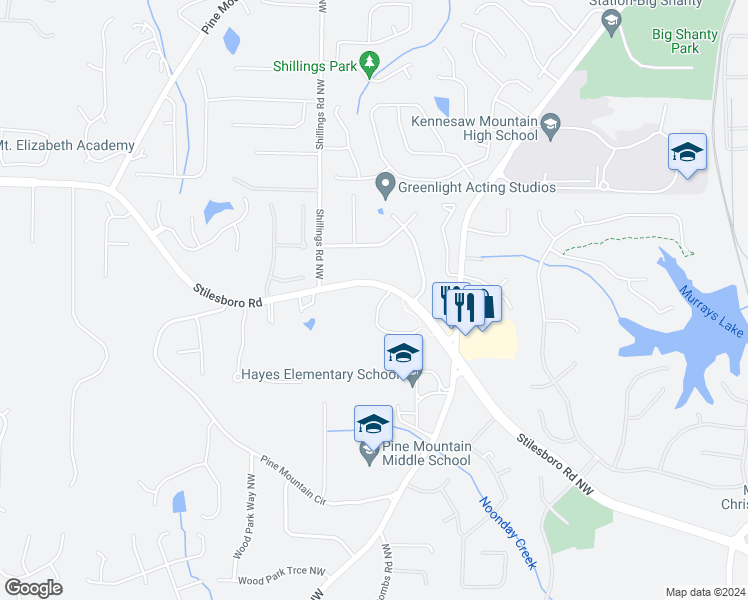 map of restaurants, bars, coffee shops, grocery stores, and more near 1643 Arbor Green Court Northwest in Kennesaw