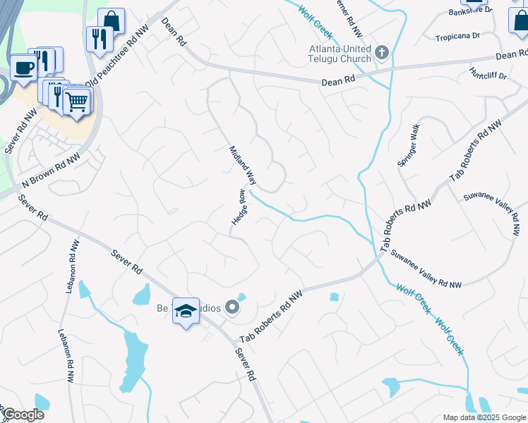 map of restaurants, bars, coffee shops, grocery stores, and more near 1174 Hurst Park Court in Lawrenceville