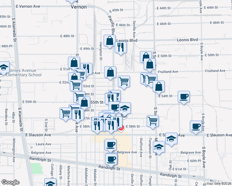 map of restaurants, bars, coffee shops, grocery stores, and more near 5301 Pacific Boulevard in Huntington Park