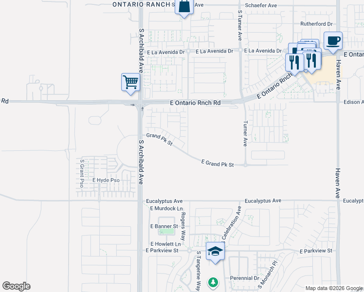 map of restaurants, bars, coffee shops, grocery stores, and more near 9811 Edison Avenue in Ontario