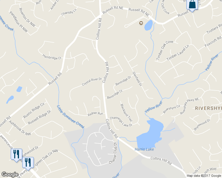 map of restaurants, bars, coffee shops, grocery stores, and more near 1480 Bentridge Drive in Lawrenceville