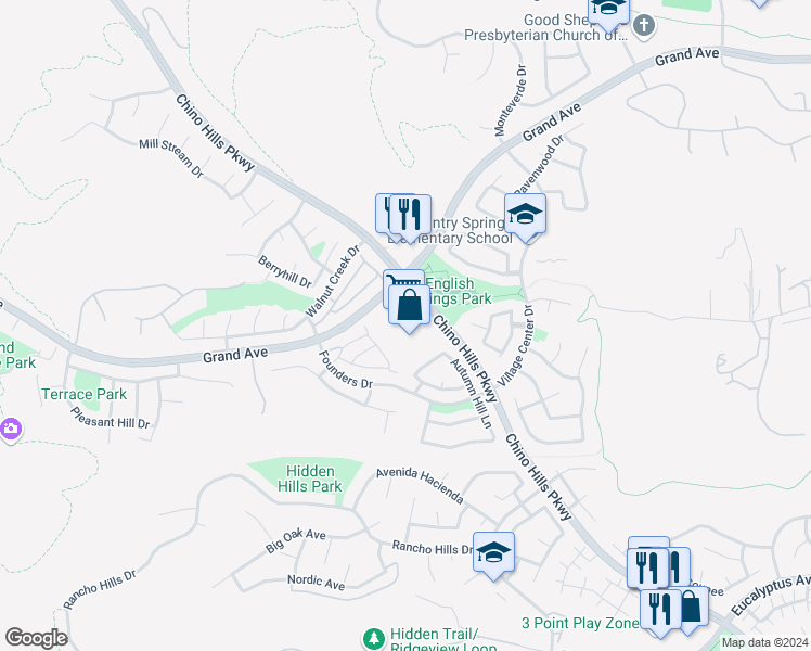 map of restaurants, bars, coffee shops, grocery stores, and more near 14230 Chino Hills Parkway in Chino Hills