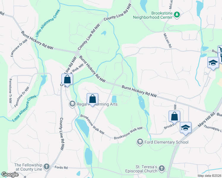 map of restaurants, bars, coffee shops, grocery stores, and more near 5710 Brookstone Drive Northwest in Acworth