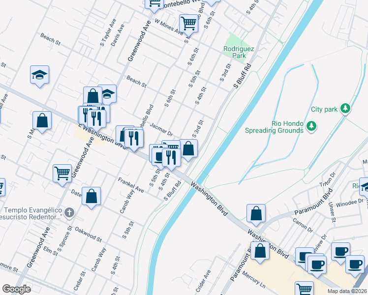map of restaurants, bars, coffee shops, grocery stores, and more near 908 South 4th Street in Montebello