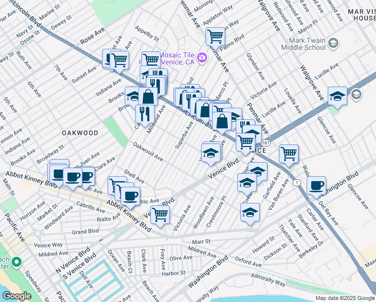 map of restaurants, bars, coffee shops, grocery stores, and more near 848 Marco Place in Los Angeles