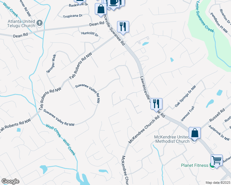 map of restaurants, bars, coffee shops, grocery stores, and more near 2025 Henderson Way Northwest in Lawrenceville