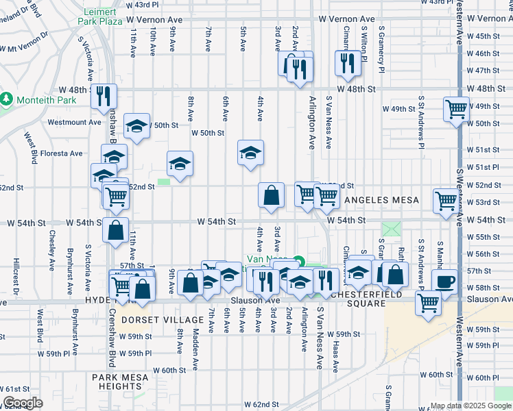 map of restaurants, bars, coffee shops, grocery stores, and more near 5315 4th Avenue in Los Angeles