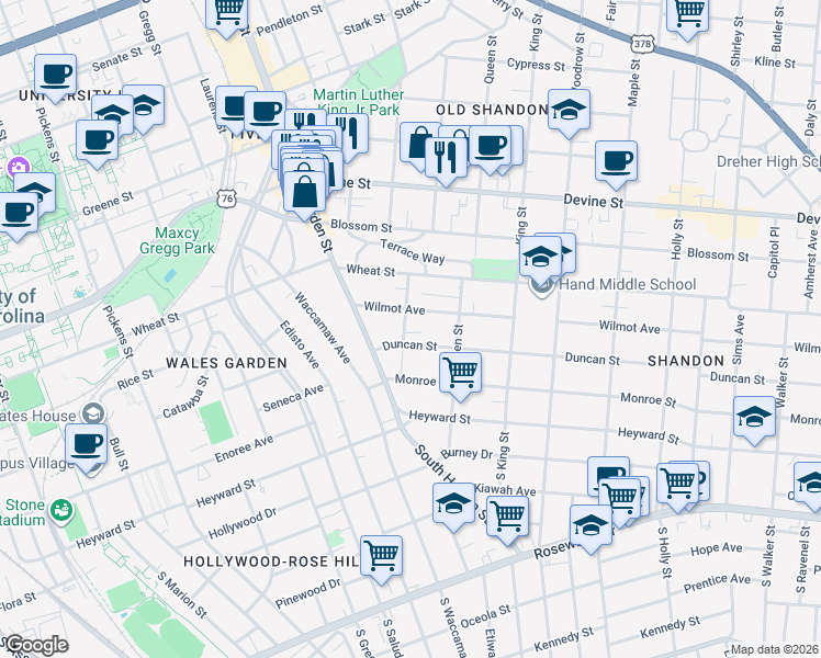 map of restaurants, bars, coffee shops, grocery stores, and more near 2330 Wilmot Avenue in Columbia