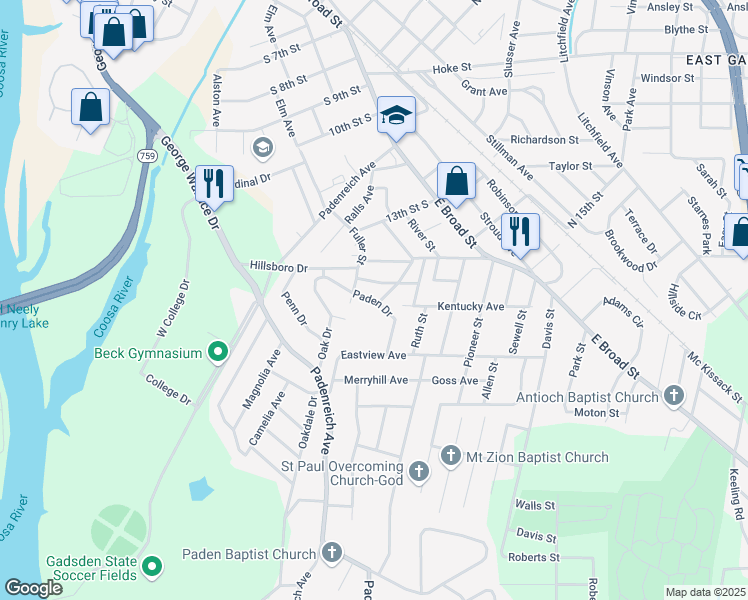 map of restaurants, bars, coffee shops, grocery stores, and more near 1309 Paden Drive in Gadsden