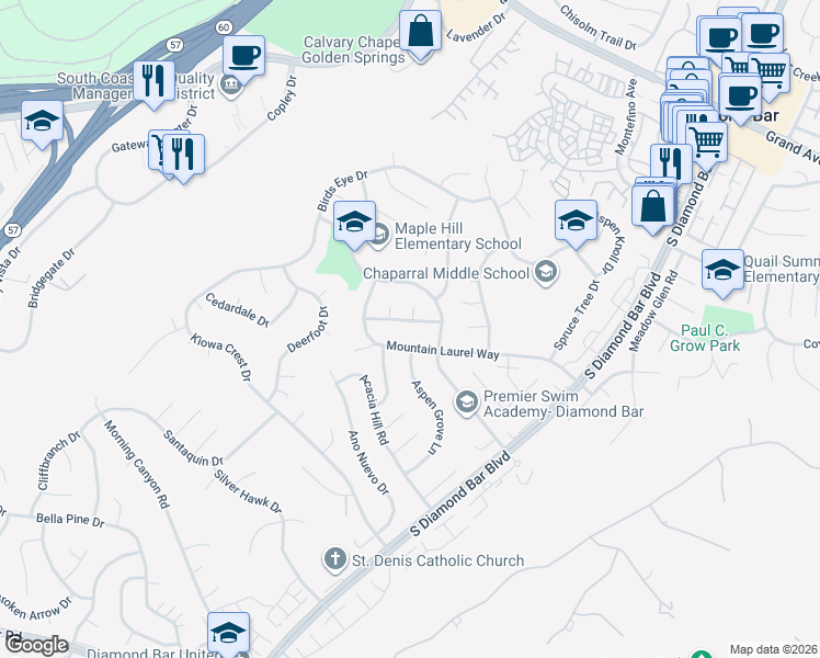 map of restaurants, bars, coffee shops, grocery stores, and more near 22461 Falconburn Way in Diamond Bar