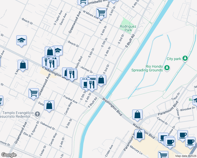 map of restaurants, bars, coffee shops, grocery stores, and more near 908 South 4th Street in Montebello